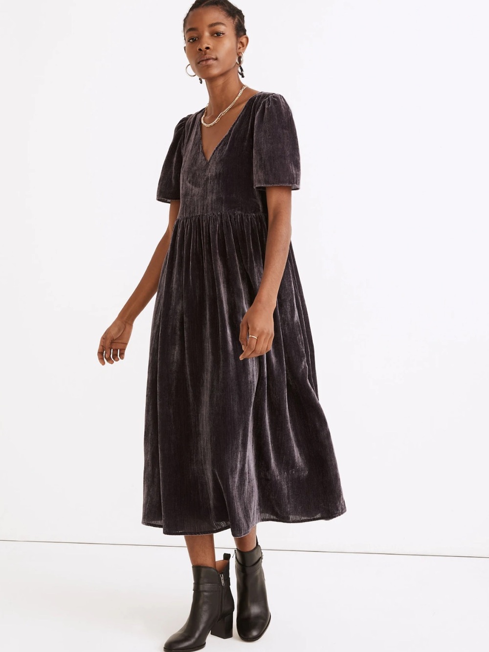 Madewell Velvet Puff-Sleeve V-Neck Midi Dress in Blackberry Size S
